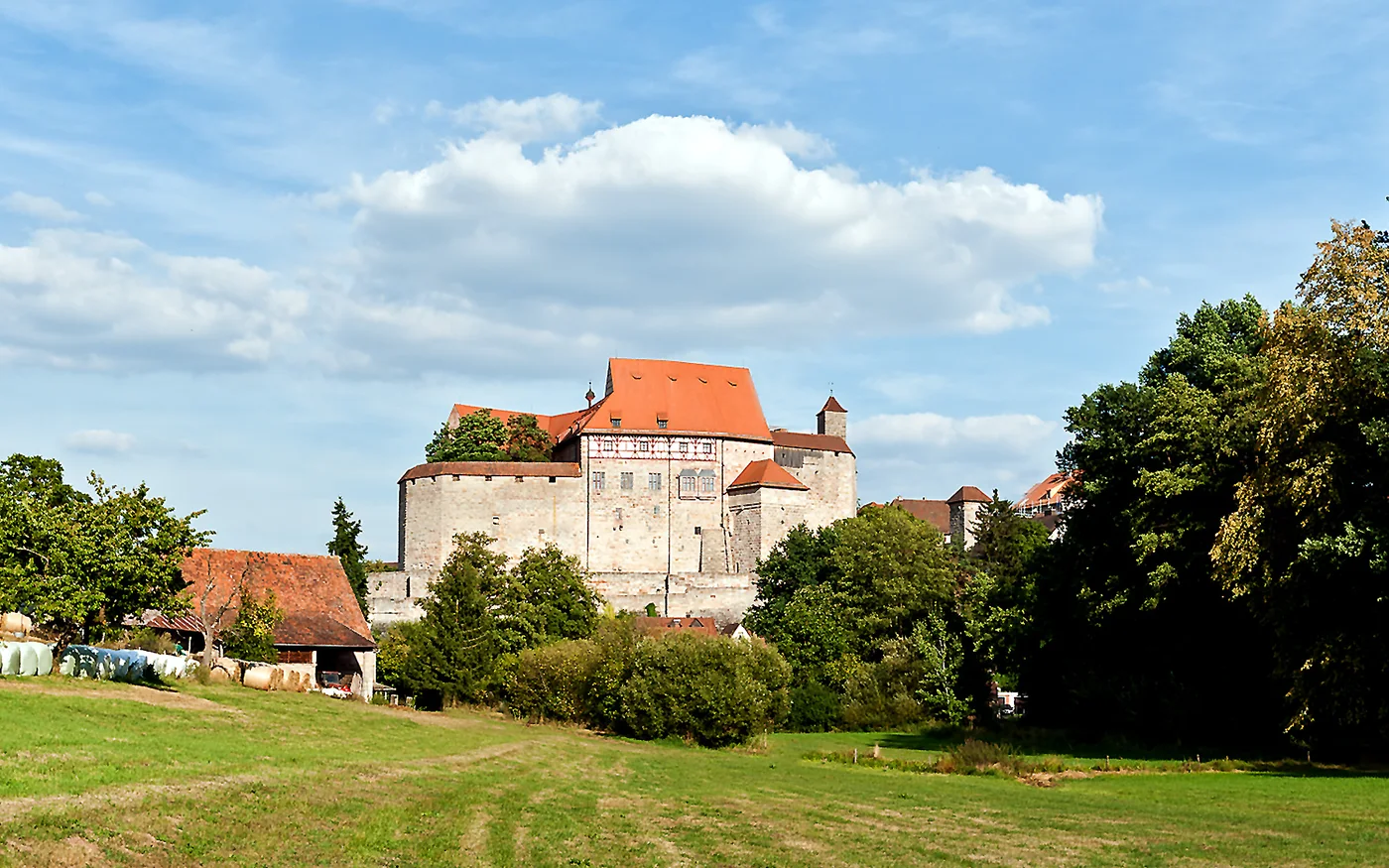 Cadolzburg mit massiven Steinmauern und roten Dächern hinter Bäumen