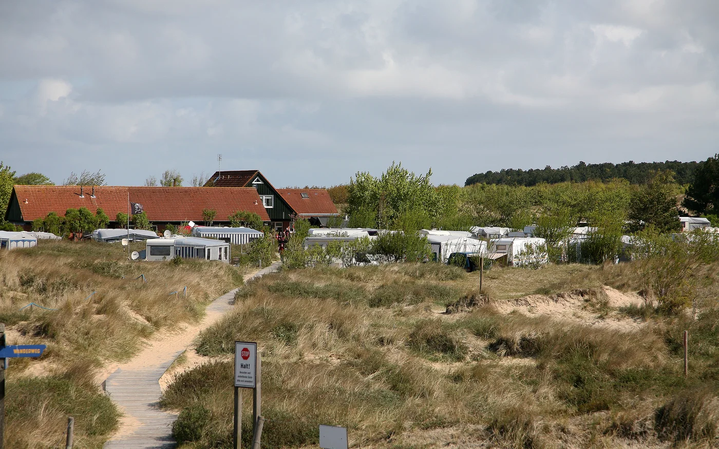 Wohnwagen mit Vorzelten auf dem Campingplatz Wittdün hinter bewachsenen Dünen auf Amrum