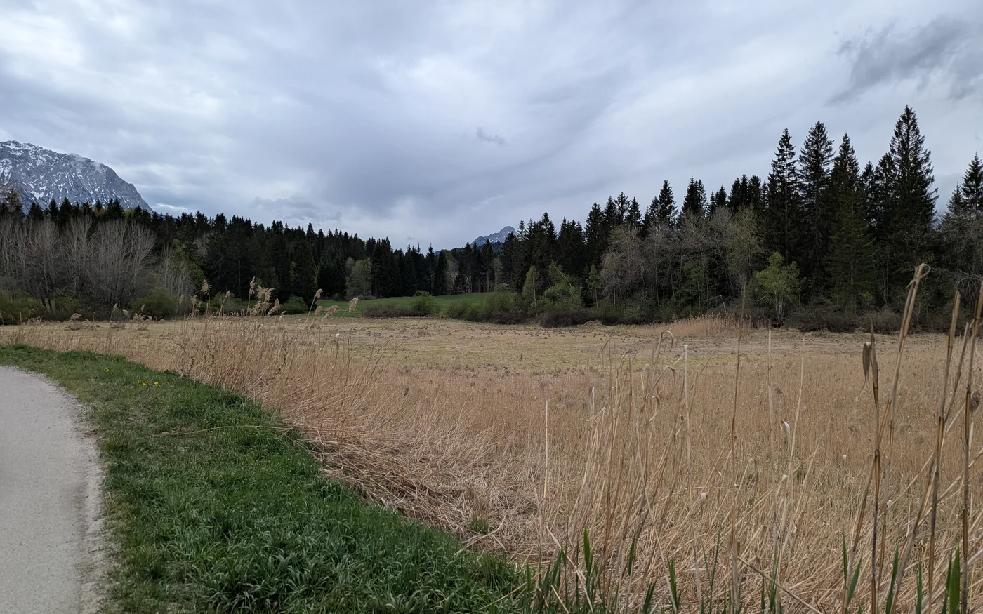 Trockengefallene Fläche des Tennsees mit grünen Wiesen und Bergen im Hintergrund