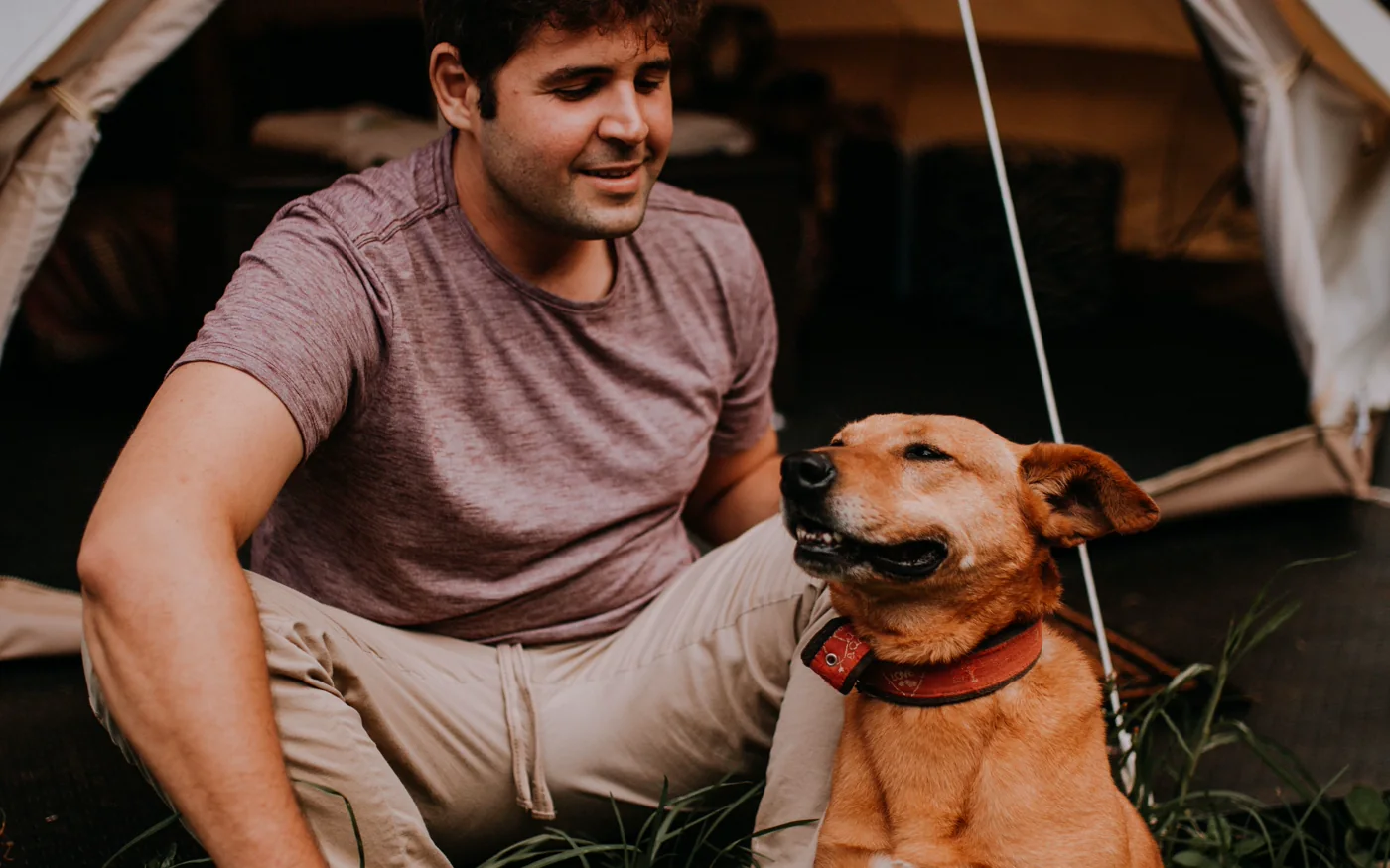 Mann und brauner Hund sitzen gemeinsam vor einem geöffneten Campingzelt