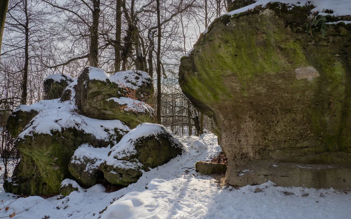 Regenschirmfelsen im verschneiten Felsengarten Sanspareil